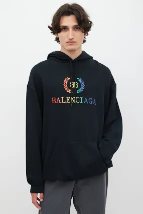Black & Multicolour Embroidered Logo Hoodie