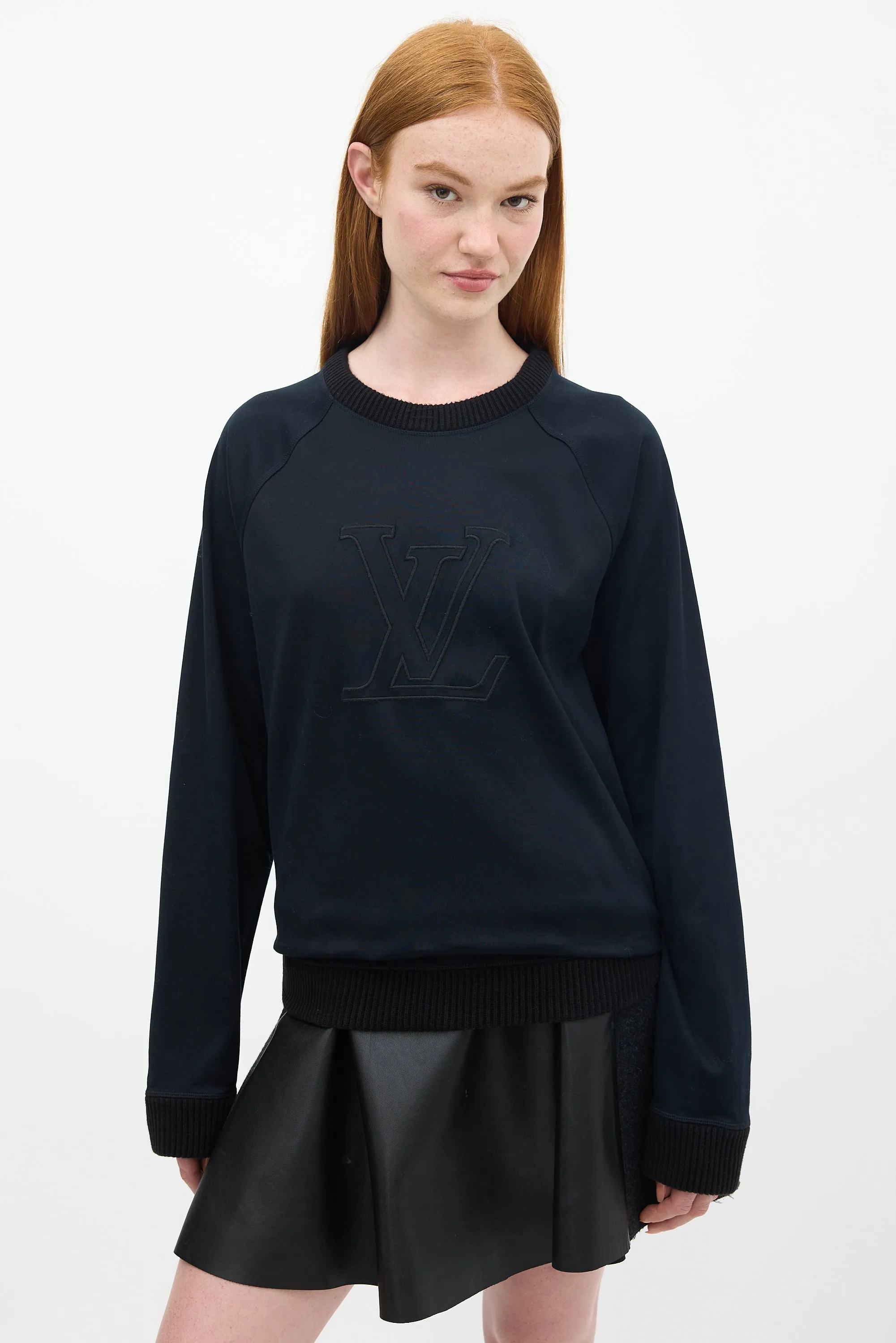 Black Cotton Embroidered Logo Crewneck