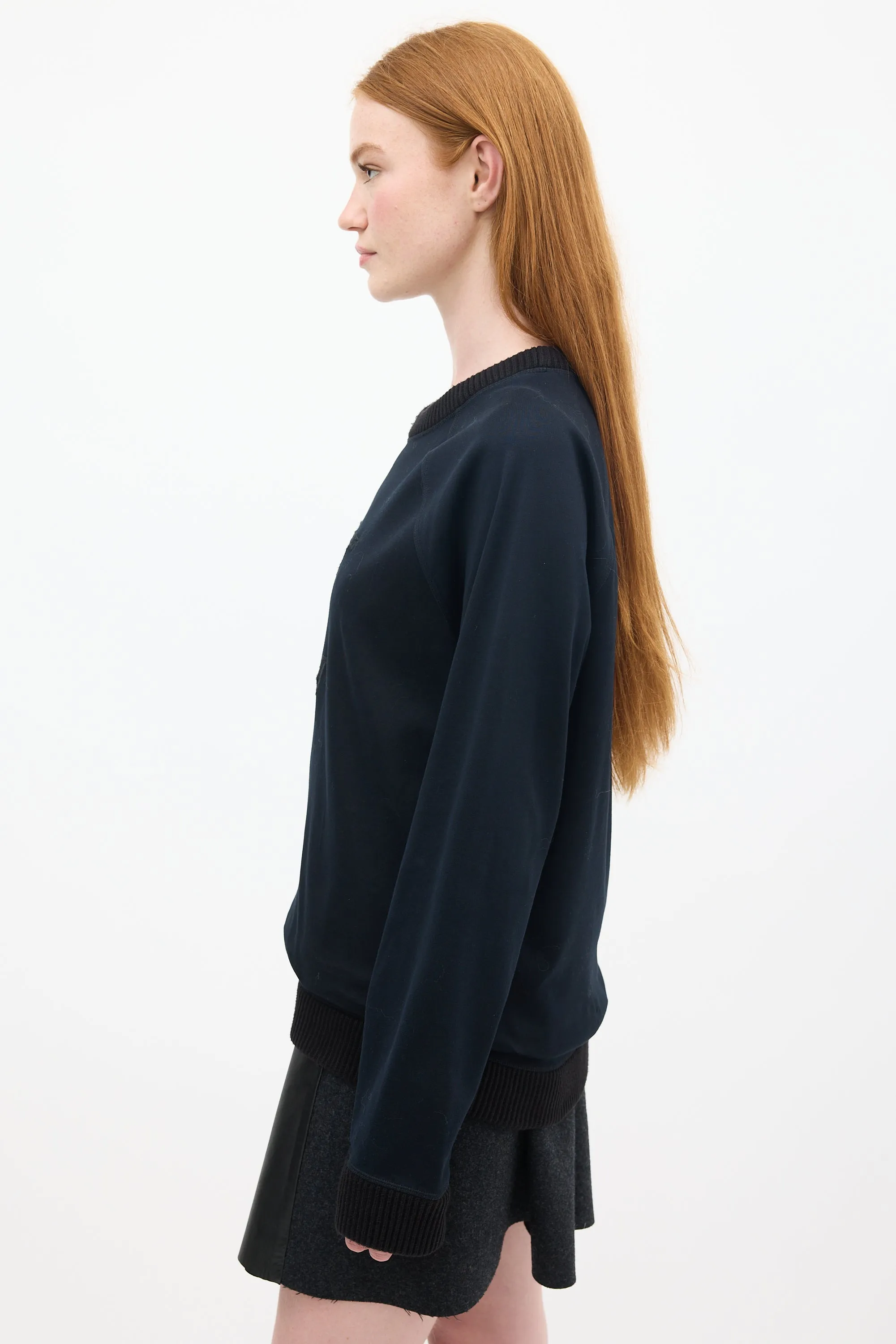 Black Cotton Embroidered Logo Crewneck