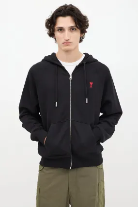 Black Embroidered Logo Zip Hoodie