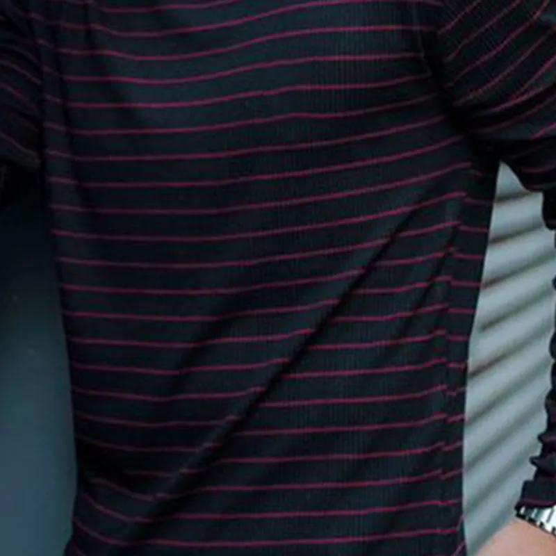 Cotton High Collar Casual Striped Men'S Long Sleeve T-Shirt
