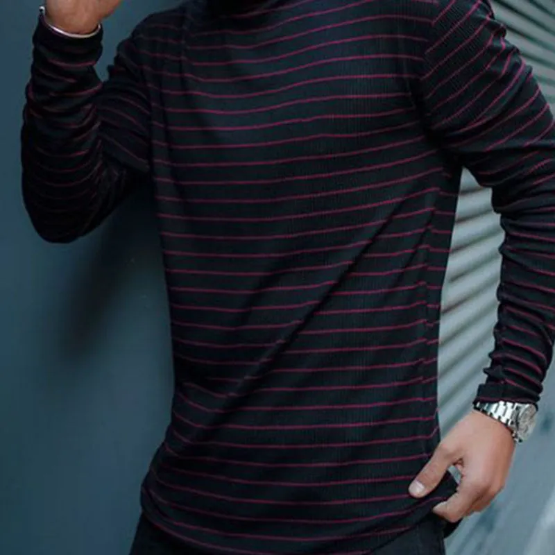 Cotton High Collar Casual Striped Men'S Long Sleeve T-Shirt