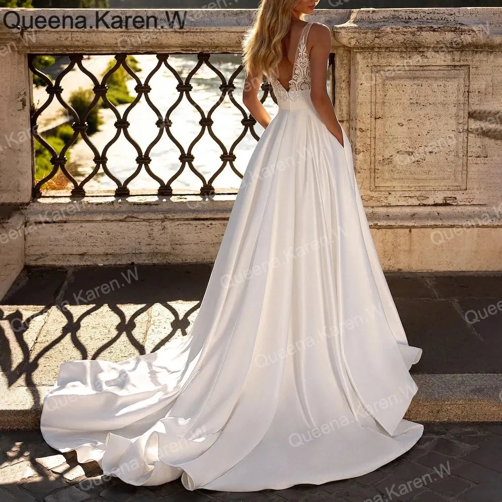 Elegant A line Wedding Dress V neck lace applique satin bride dress robe de mariee A line Wedding Bridal Gown