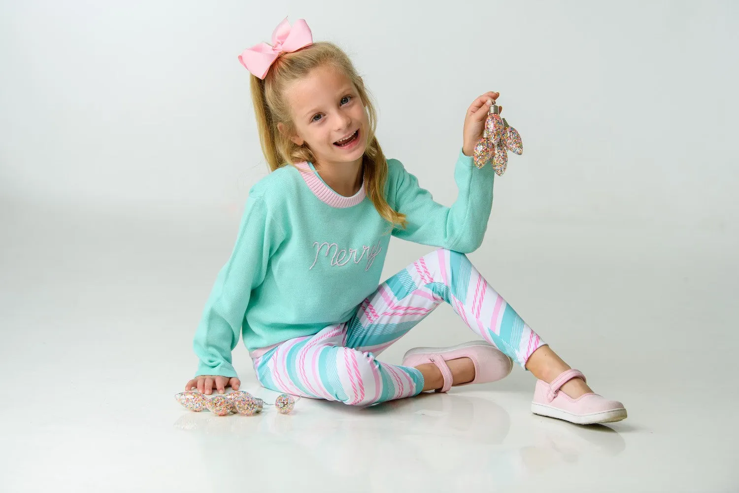 Lullaby Set Girls Christmas Sweater - Mint Aqua with Pink Embroidered Merry