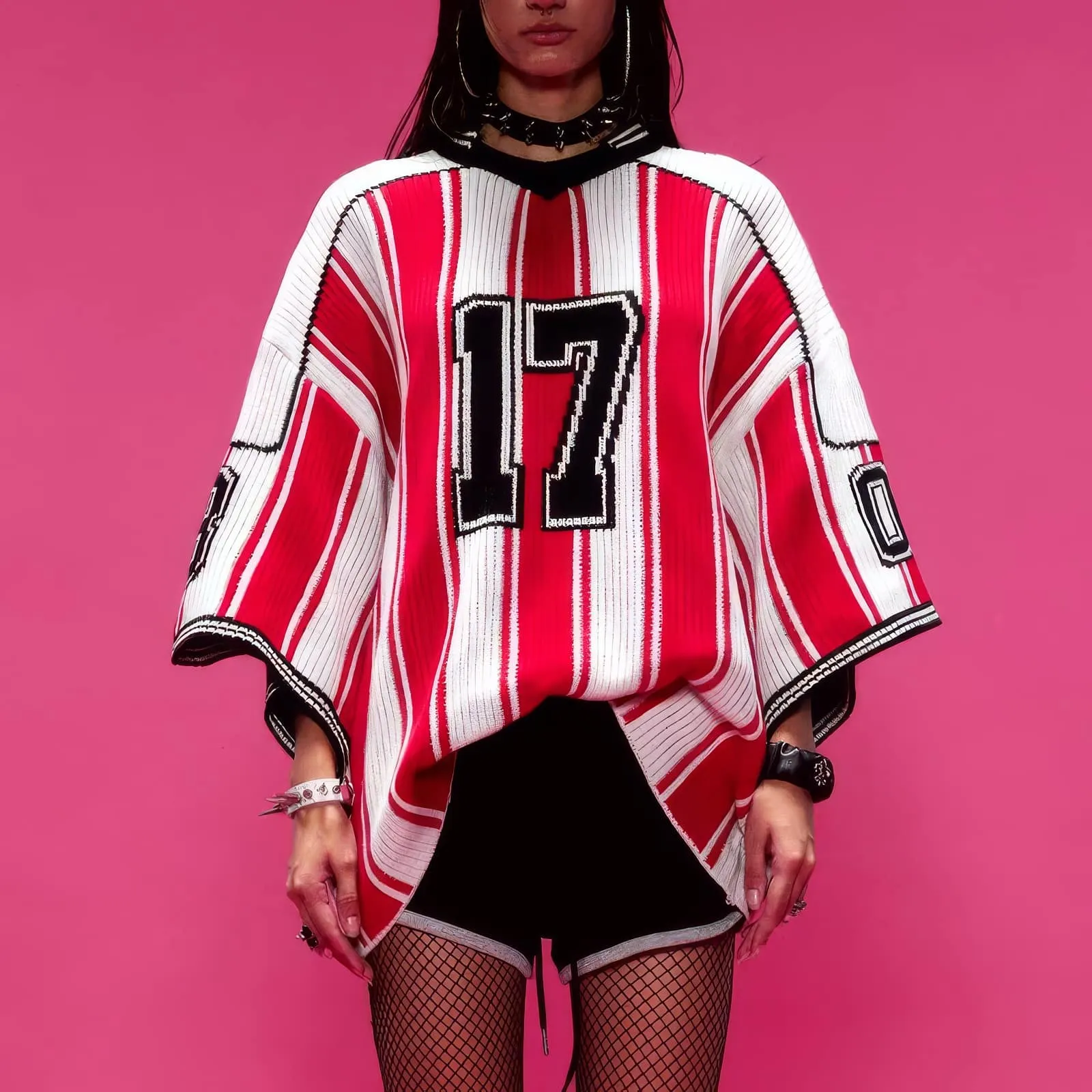 Oversized Striped Knit Baseball Jersey