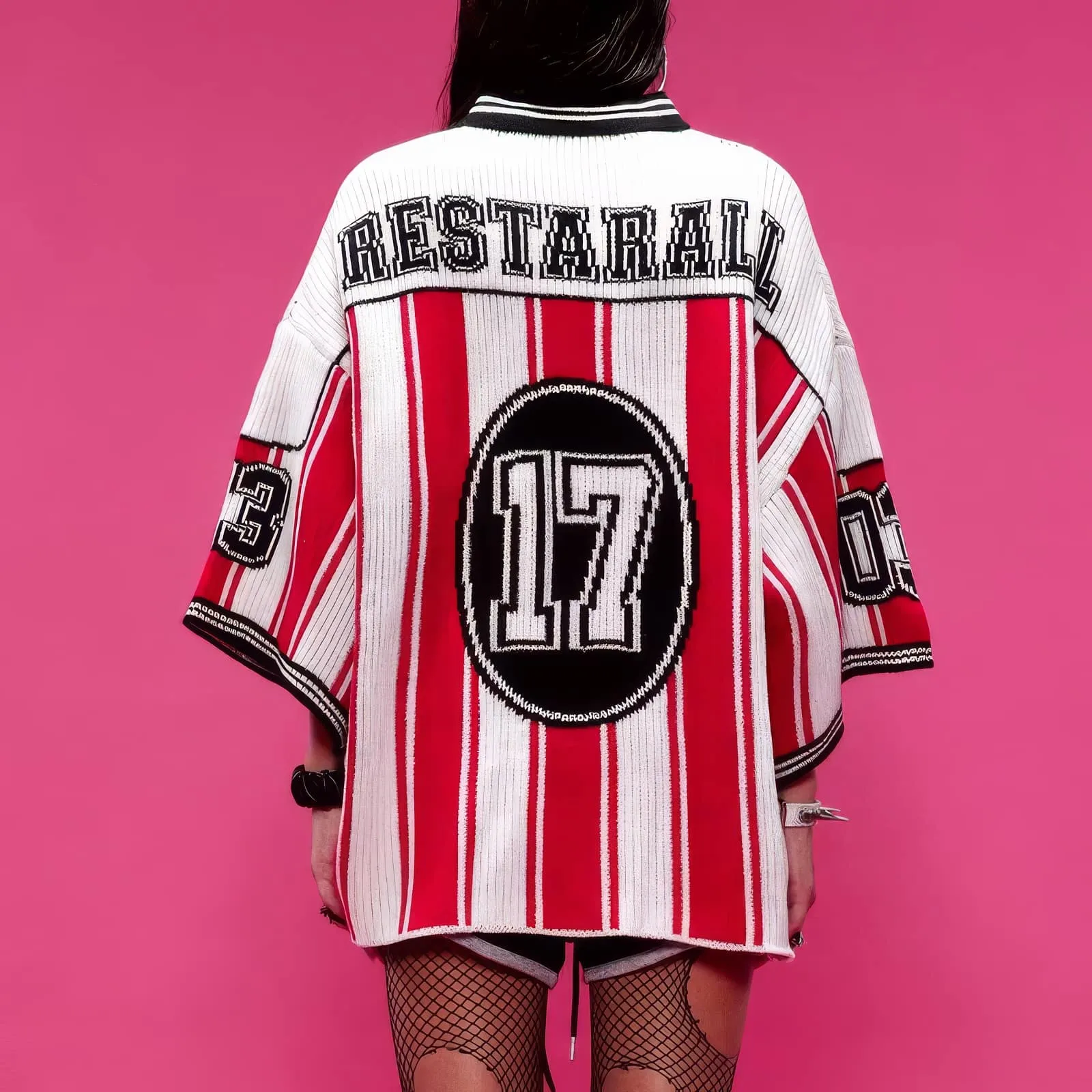 Oversized Striped Knit Baseball Jersey