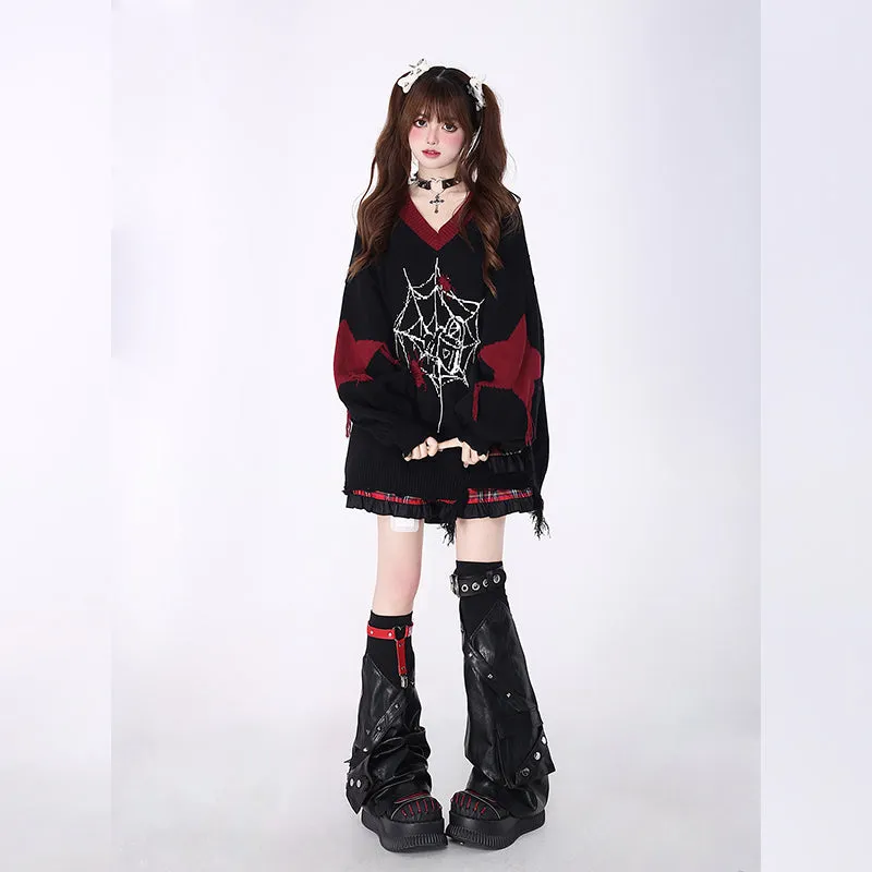 Sweet Girly Style Black And Red V-neck Sweater