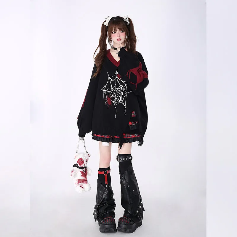Sweet Girly Style Black And Red V-neck Sweater