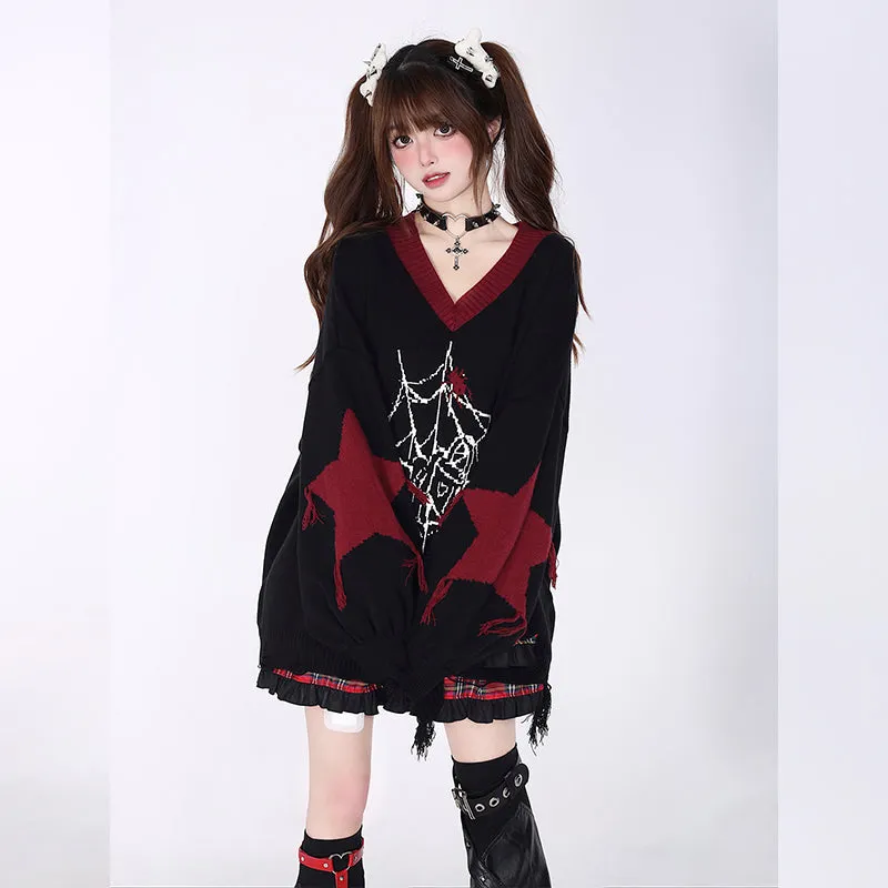 Sweet Girly Style Black And Red V-neck Sweater