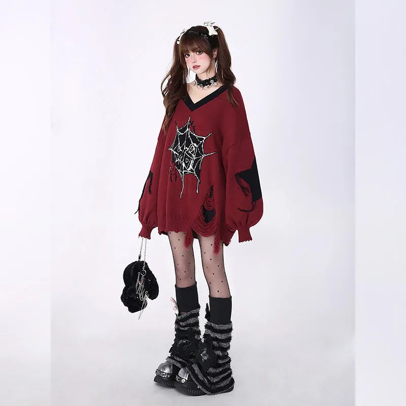 Sweet Girly Style Black And Red V-neck Sweater