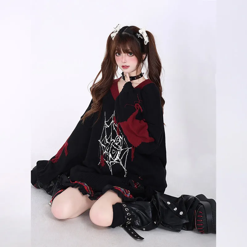 Sweet Girly Style Black And Red V-neck Sweater