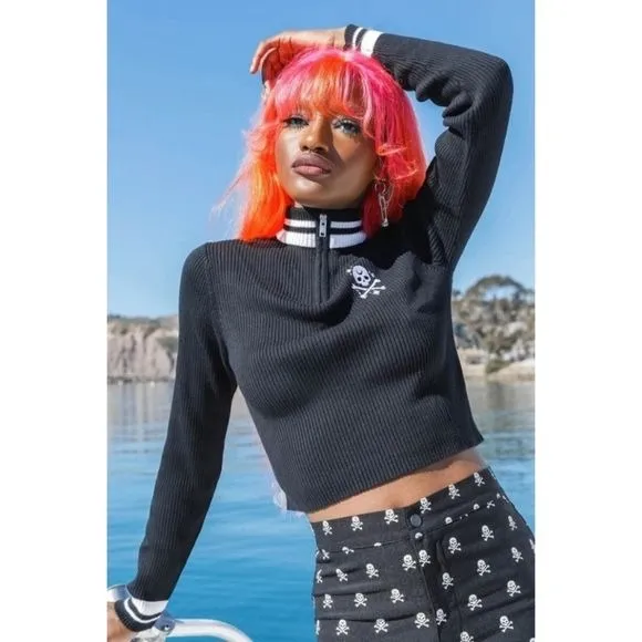 Wretched Sweater | Black Cotton White Contrast Skull Embroidery Zip