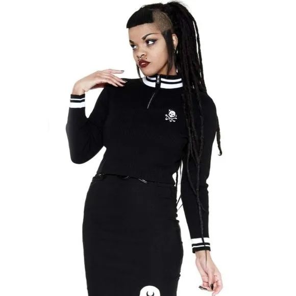 Wretched Sweater | Black Cotton White Contrast Skull Embroidery Zip